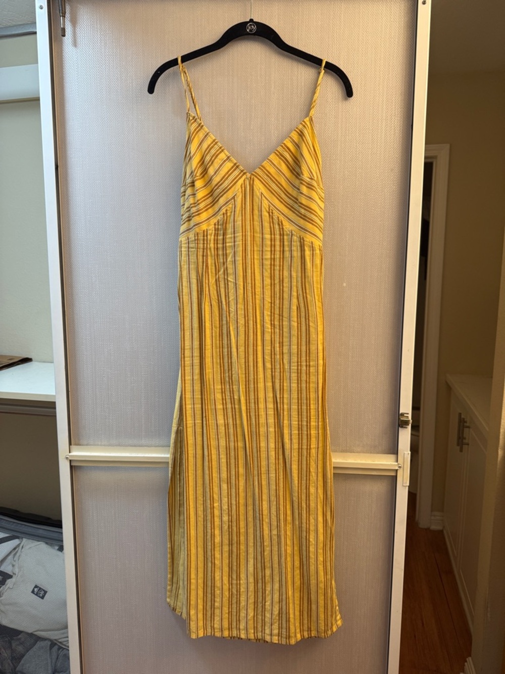 Yellow Linen Blend Striped V-Neck Spaghetti Strap Tie Back Midi Sundress Dress